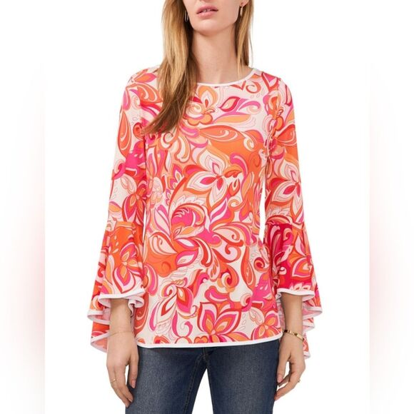 Sam and Jess 70's Vibes Orange & Pink Flower Power Paisley Bell Sleeve Blouse - Picture 1 of 12